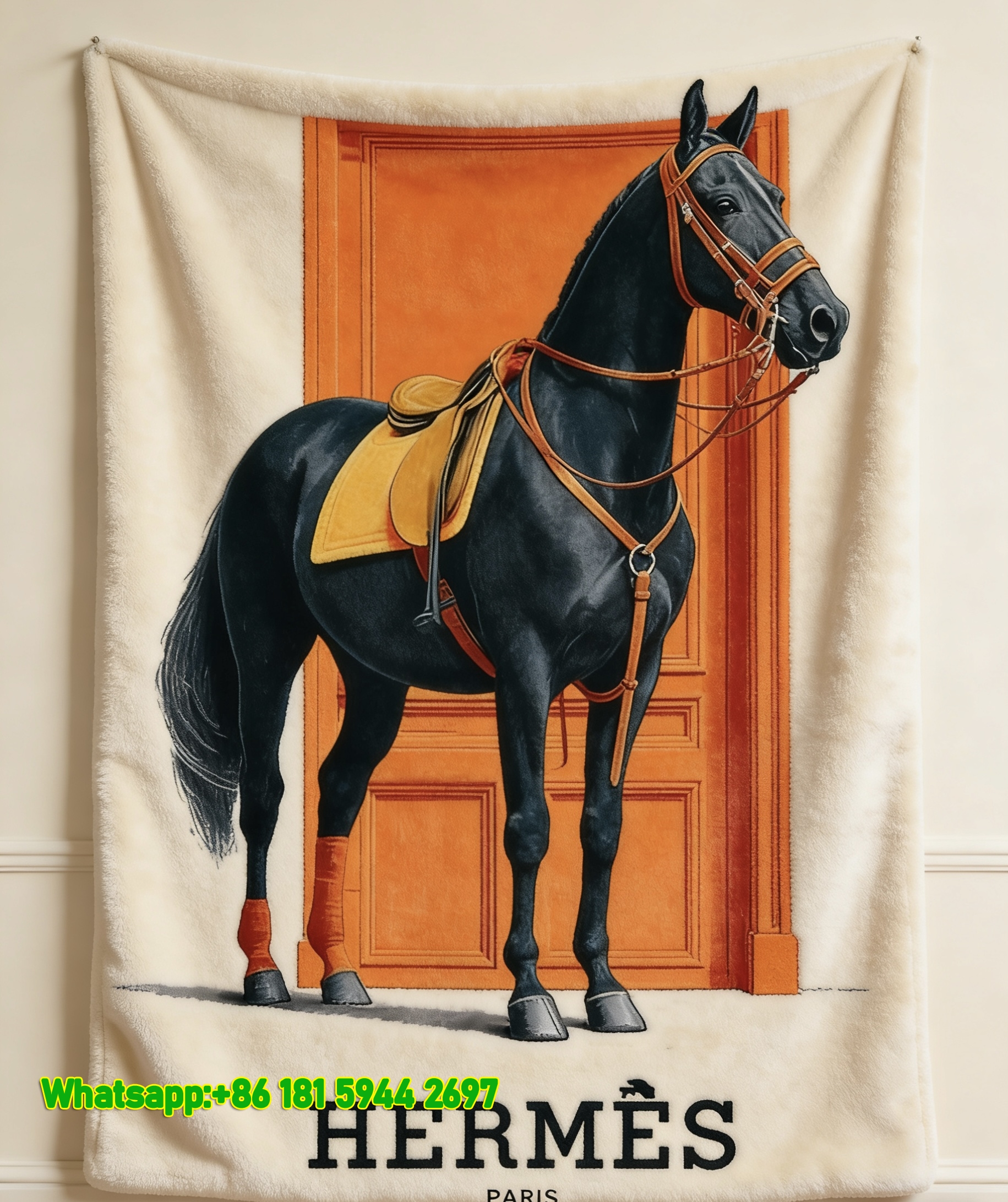 Hermes Vintage Equestrian Horse & Orange Door Flannel Throw Blanket IMG_5297